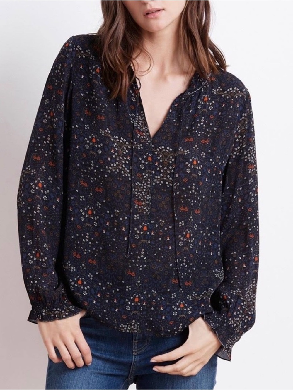 Velvet by Graham & Spencer Mary navy floral blouse, medium
